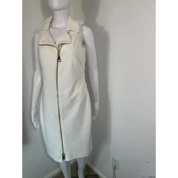 Calvin Klein White Moto Zip Dress Size 10 Sleeveless Belted Minimalist Chic - Picture 2 of 6